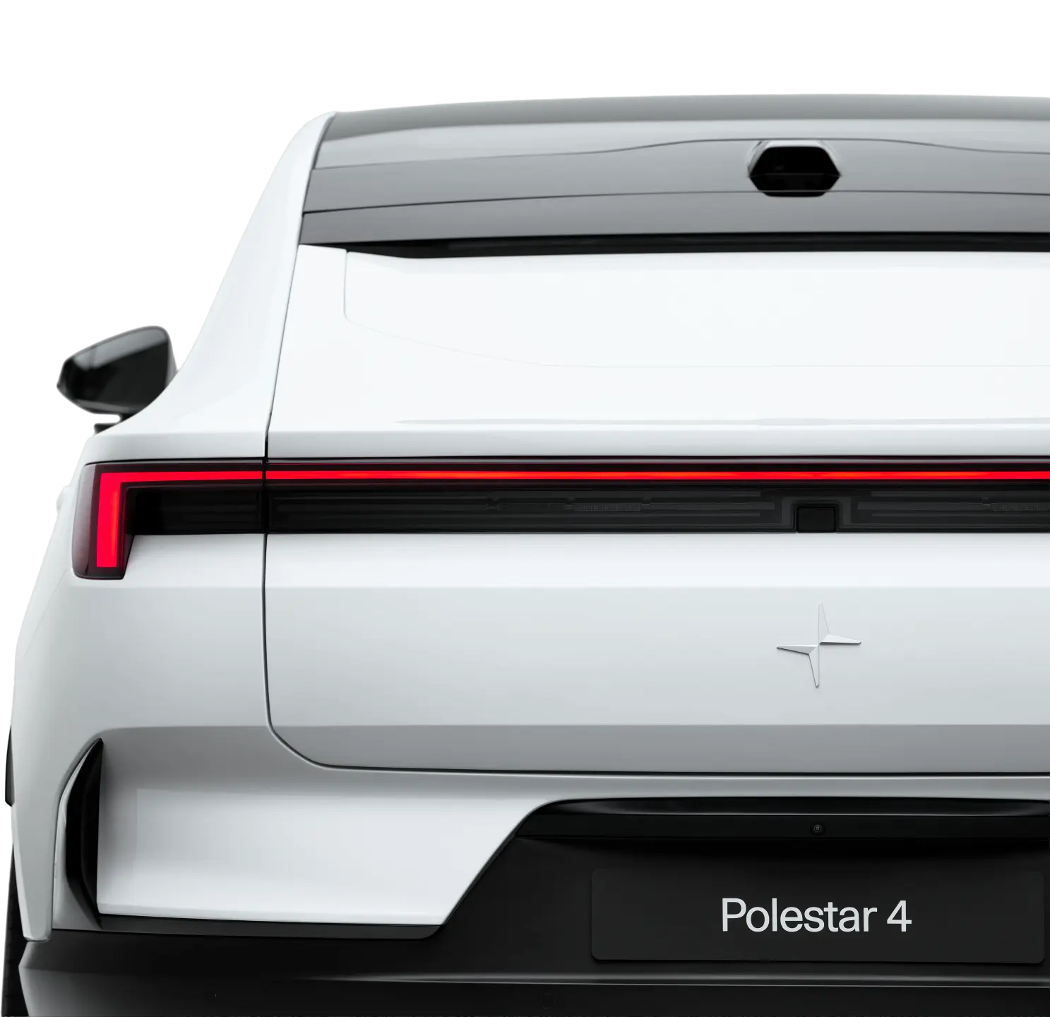 Vue arrière de la Polestar 4 blanche, mettant en avant la signature lumineuse horizontale et l'absence de lunette arrière.